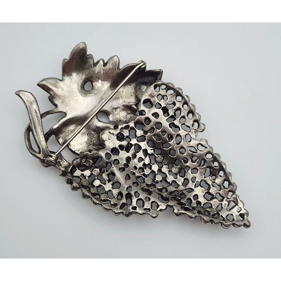 Mid Century Grape Cluster 3.5" Brooch Raised Bead Texture Oxidized Silver Tone - Picture 5 of 8